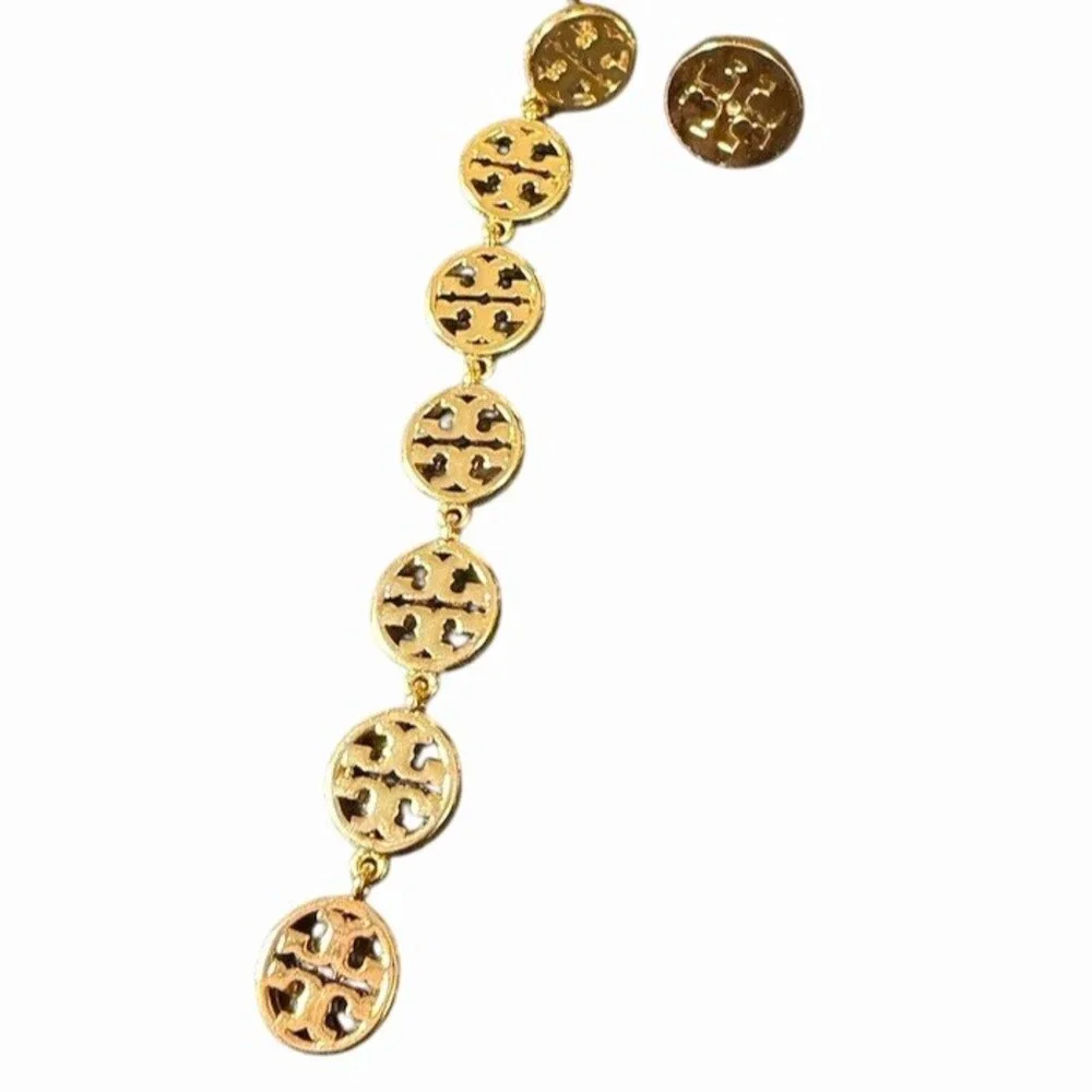 Tory Burch Earrings Gold Logo Linked Disc Linear Drop Dangle Statement